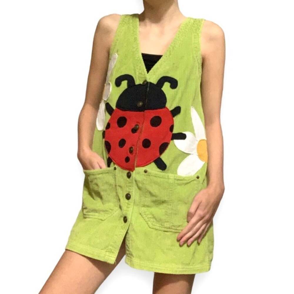 Upcycled Vintage Green Corduroy Ladybug Daisy Mini Dress XS-S